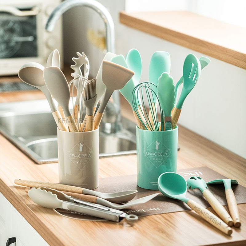 Kit Utensílios Cozinha Silicone Colher Copo Suporte 12 Peças